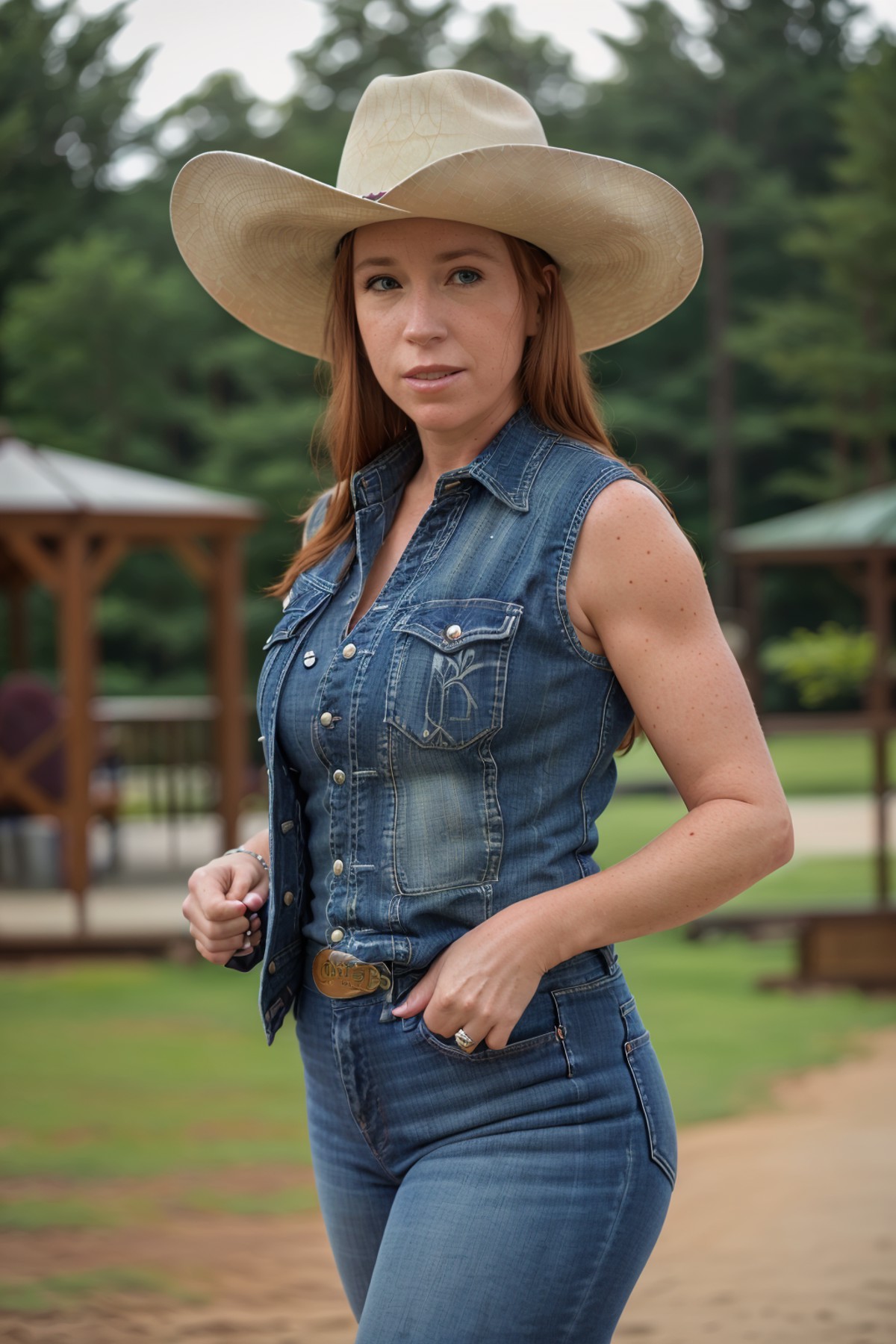 (GS-Womanly:0.5) chucknorris, long ginger hair under hat dressed as a texas ranger jeans boots hat shirt vest outdoors
(ma...